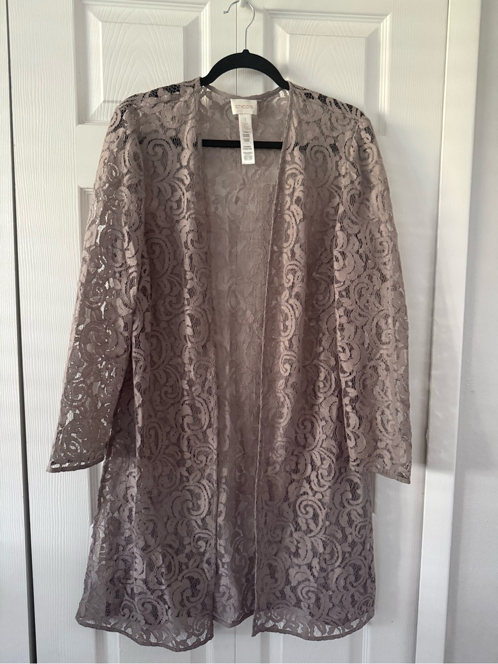 Chico’s Floral Lace Duster Cardigan With Marching Top taupe/dusty mauve S:1